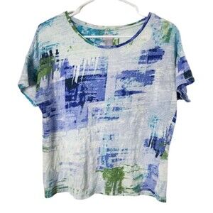 Chicos Womens Sz 1 Linen Top Short Sleeve Blouse Shirt Abstract Art